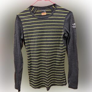 Icebreaker Merino Bodyfit 200 Wool Charcoal and Neon Yellow Striped Top